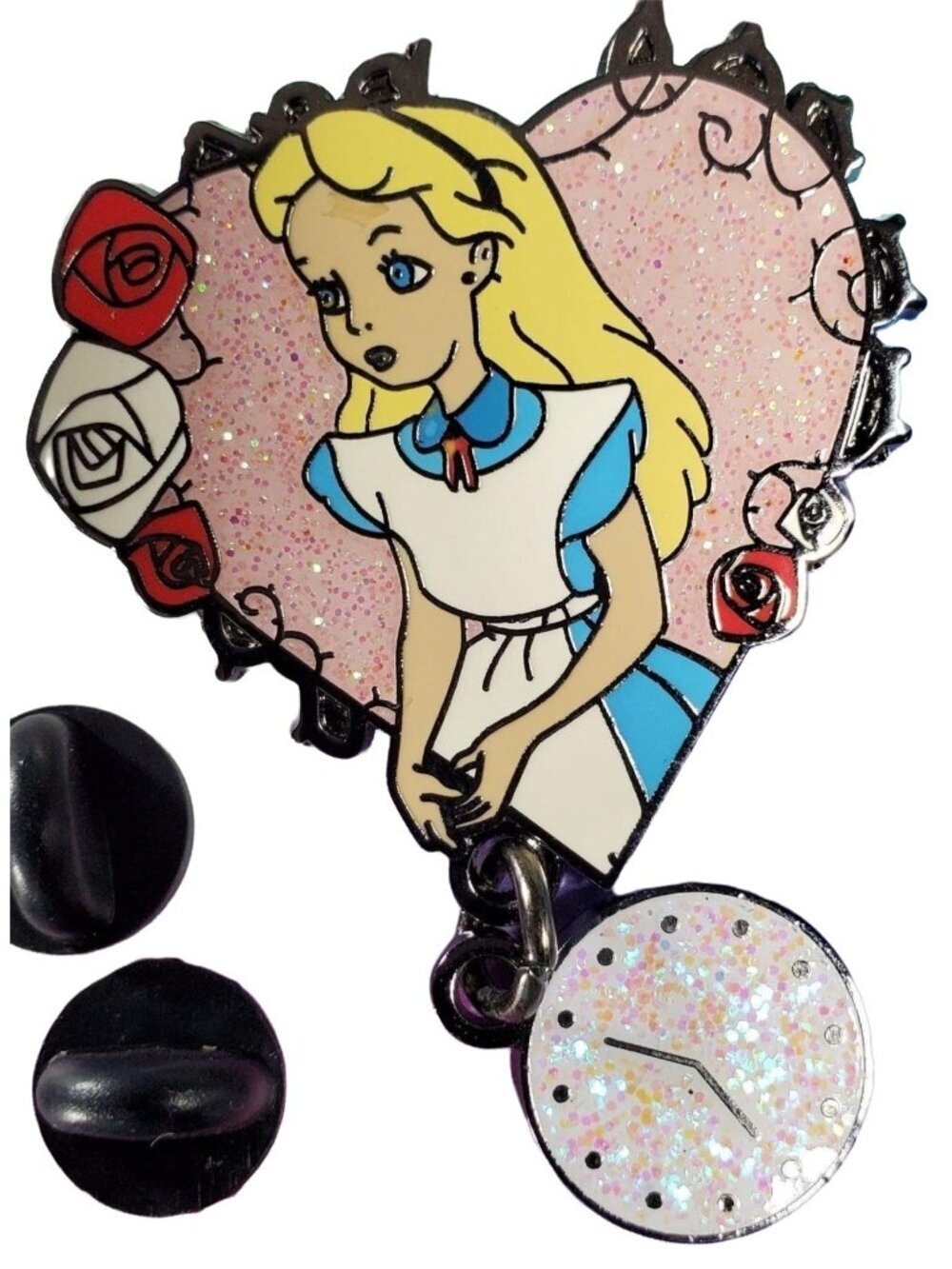 Alice Wonderland Lapel Pin Heart Dangling Clock Brooch Badge Accessories Jewelry